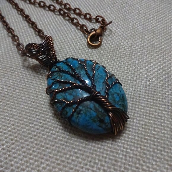 Rustic TURQUOISE Handmade COPPER WIRE-WRAPPED TREE Pendant/Chain #354C - Picture 1 of 3